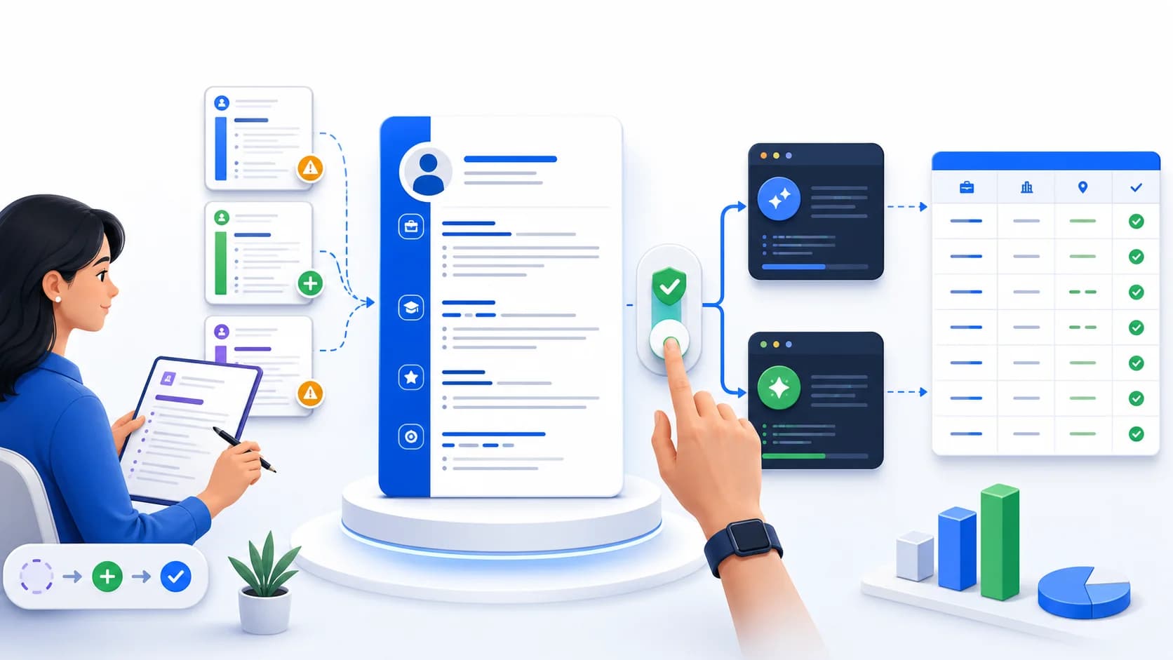 Job seeker reviewing a master resume before approved AI agents create tailored resumes and spreadsheet rows