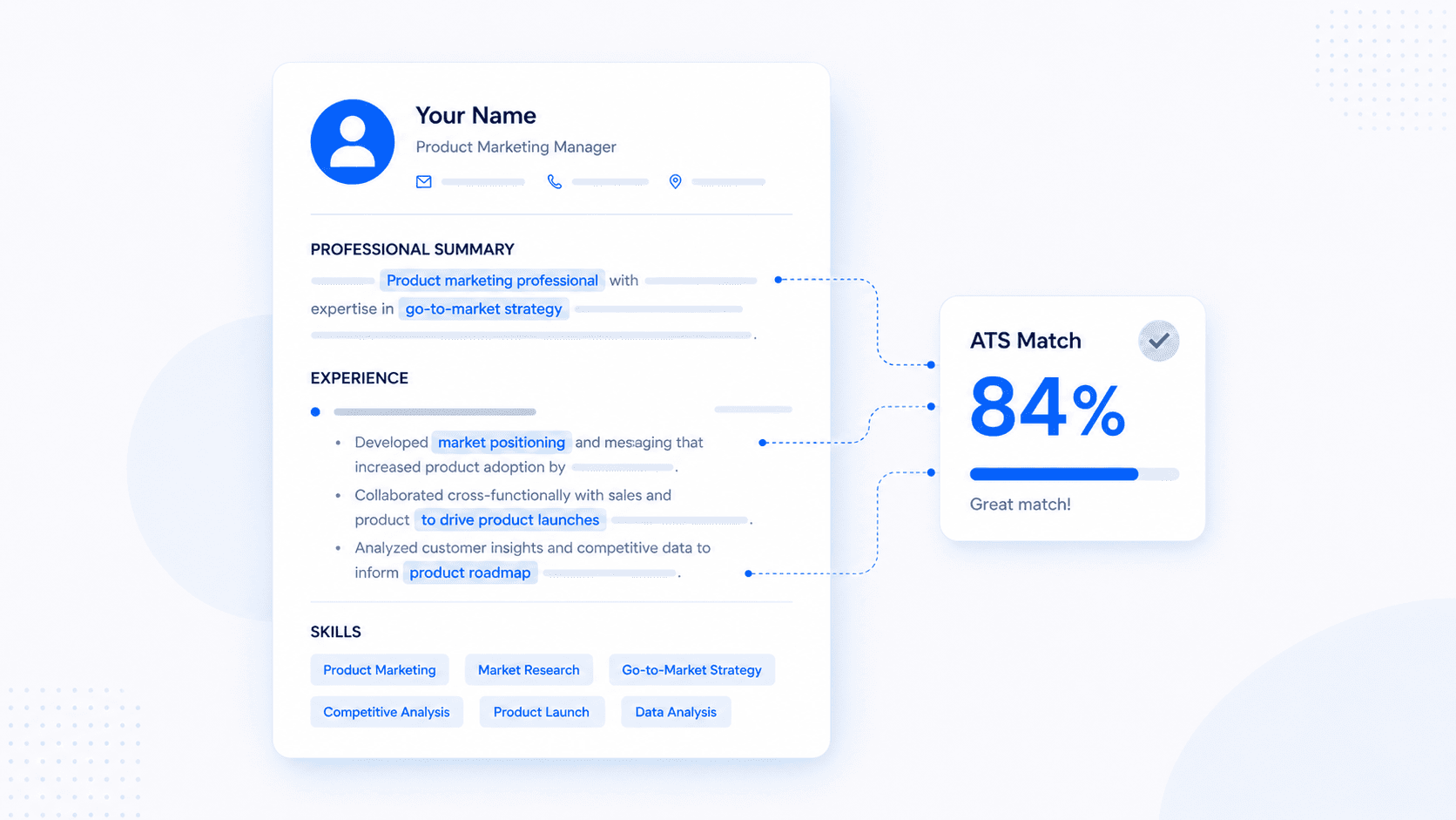 Illustration of a resume being transformed to match ATS keywords