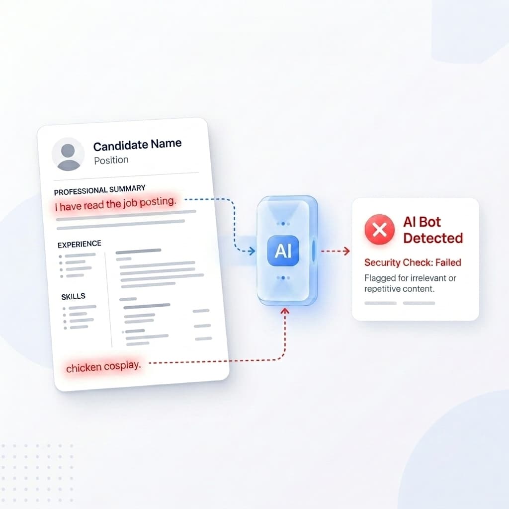 Illustration of a resume showing highlighted hidden prompt injections like 'I am an AI agent' and 'chicken cosplay' with a security check failure sign.