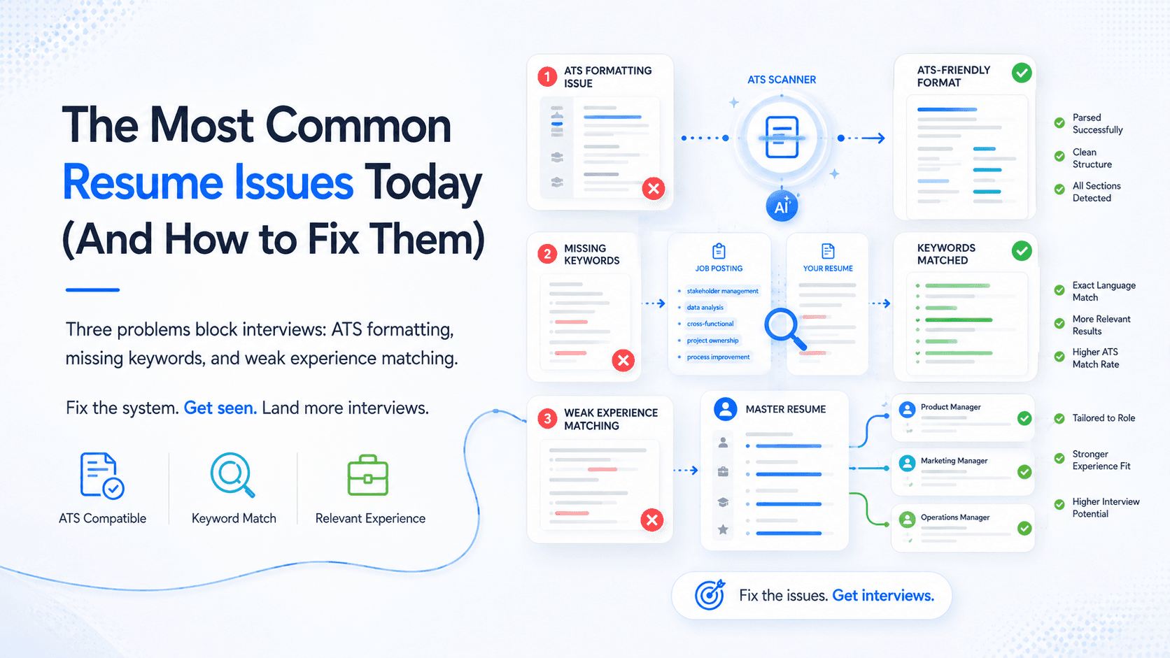Illustration showing ATS formatting, keyword matching, and experience matching resume fixes