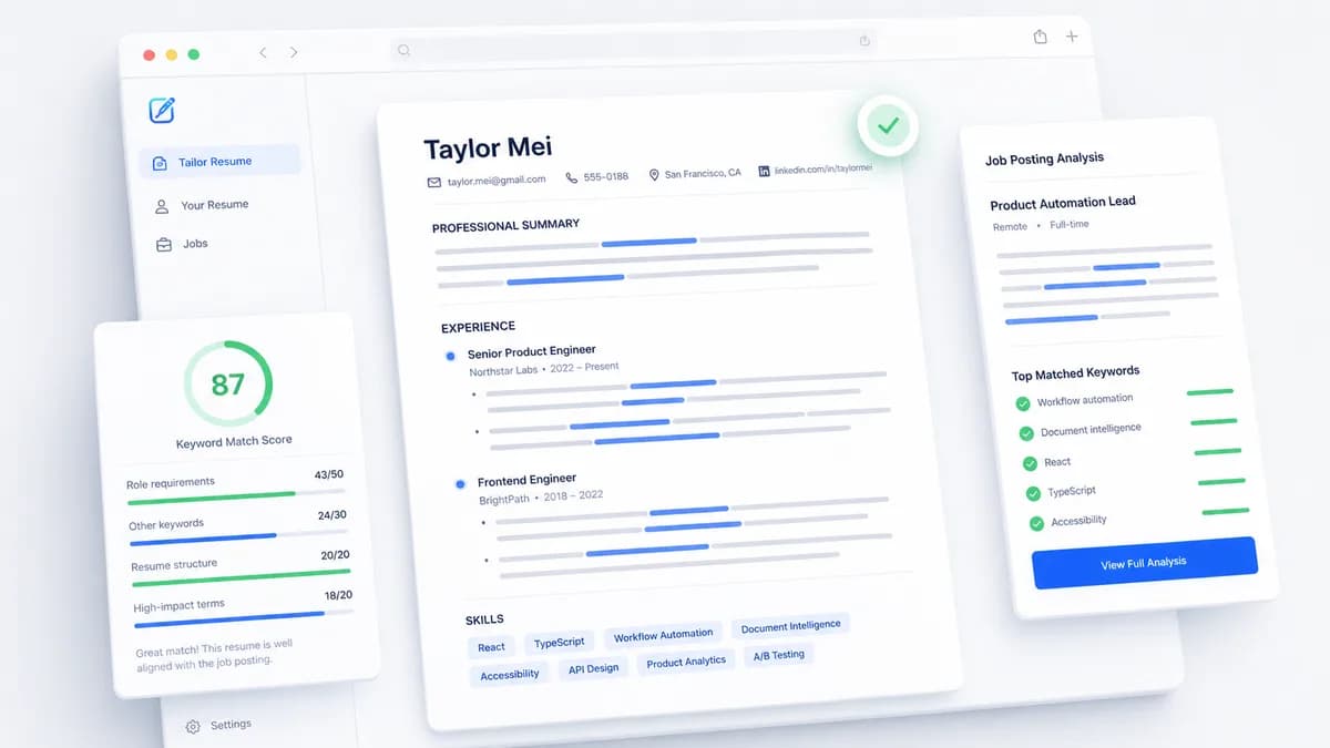 TailorMe product mockup showing a resume, keyword match score, and job posting analysis