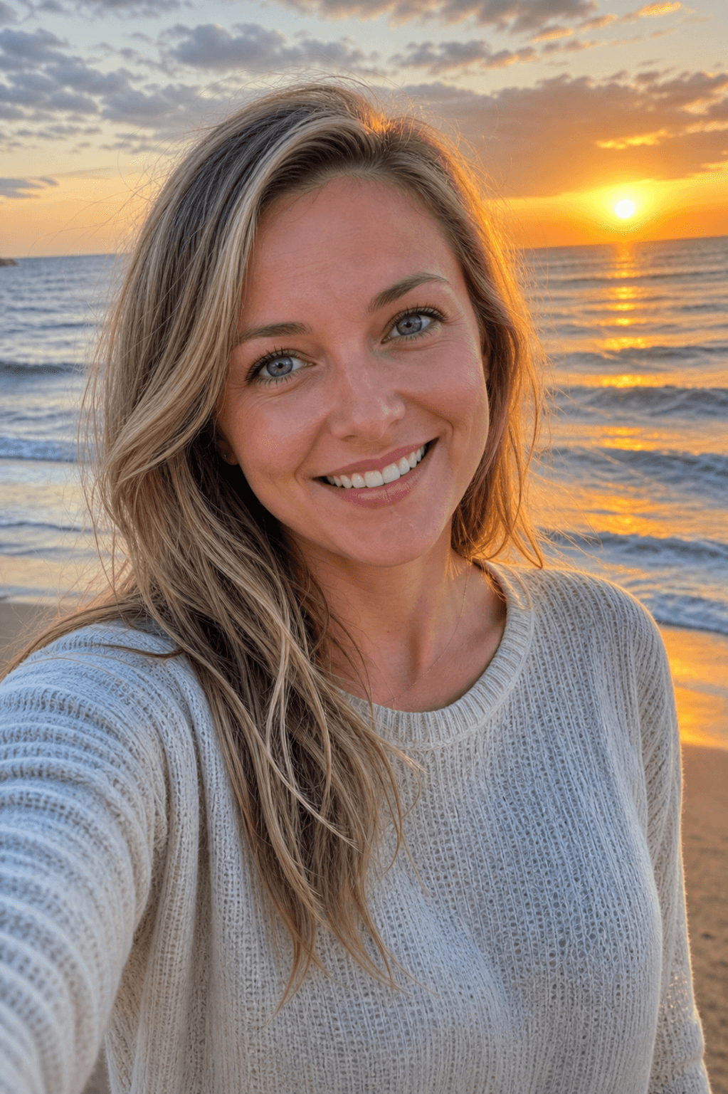 Synthetic casual phone photo at a beach sunset before TailorMe headshot generation