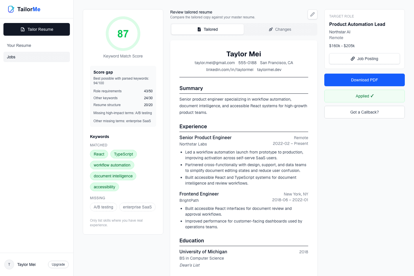 TailorMe tailored resume review screen with score, keyword analysis, job details, and resume preview