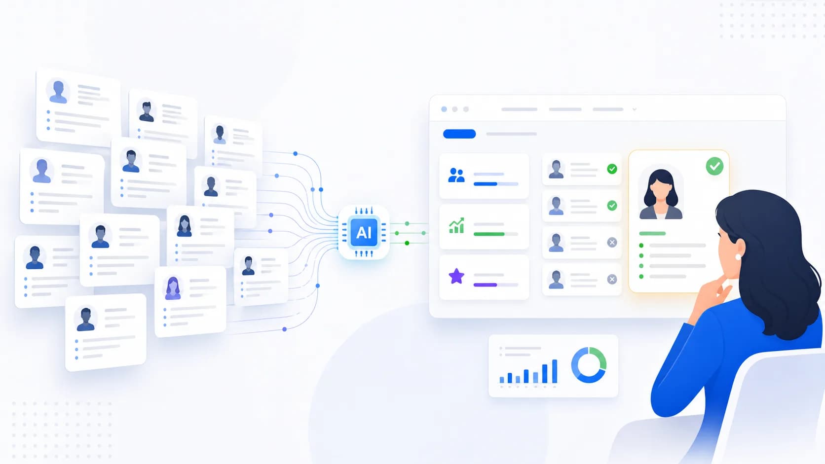 Editorial illustration of hiring managers overwhelmed by AI-generated applications while one tailored resume stands out.