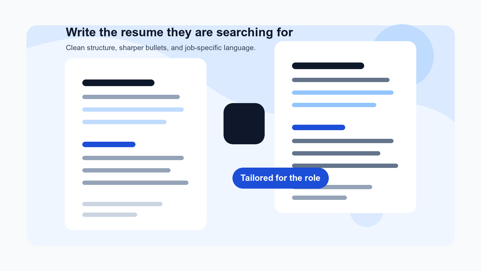 Illustration of a resume being tailored from a job posting into an interview-ready application