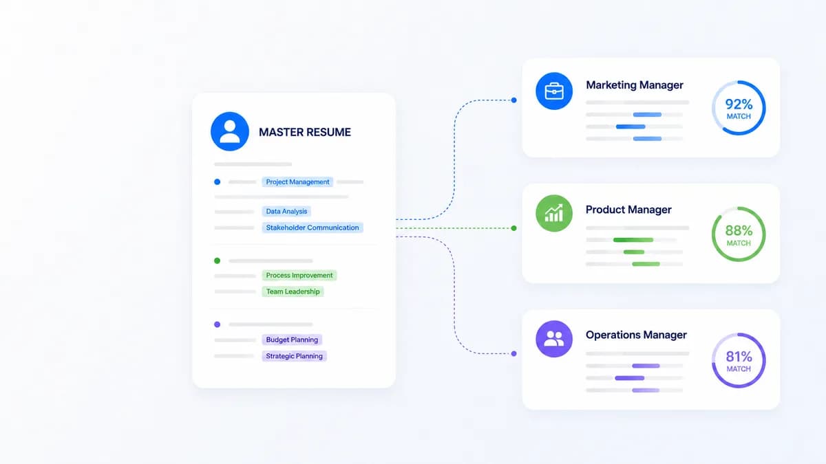 Illustration of a master resume feeding tailored applications
