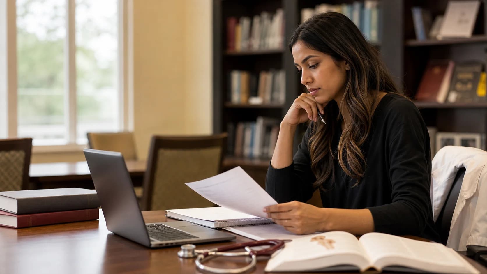 Medical student reviewing residency application materials in a library