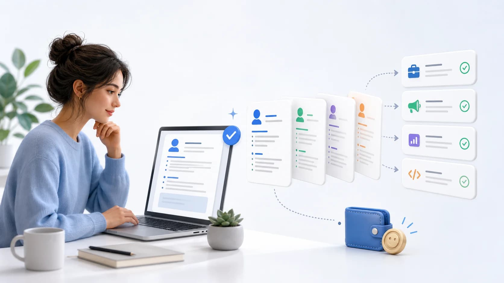 Job seeker reviewing several tailored resumes with an affordable plan symbol
