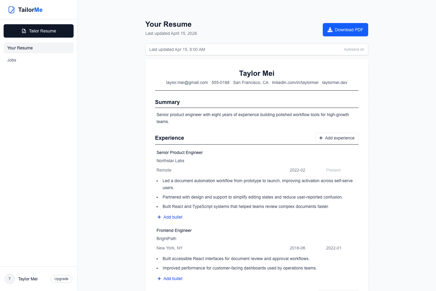 TailorMe master resume editor with structured experience and skills fields