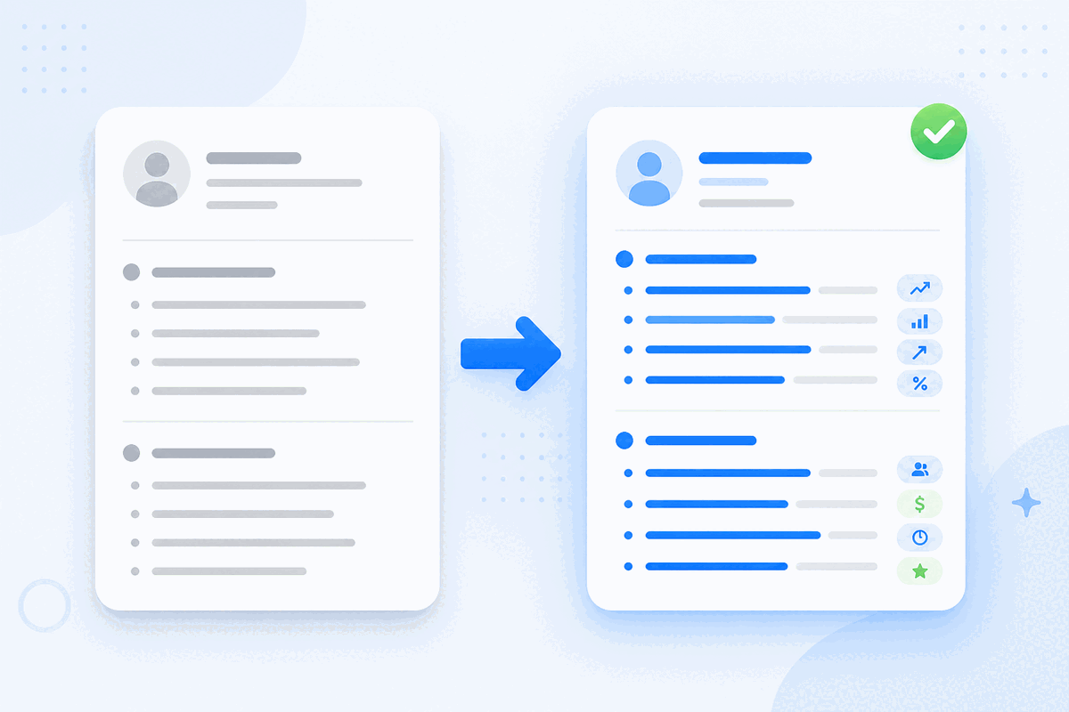 A generic resume transforming into a stronger resume with highlighted bullets, metrics, and success indicators